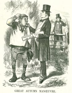 Großes Herbstmanöver: Gladstone dachte, dass schließlich das Wahlrecht den Landarbeitern (Hodge) gegeben werden müsse. Zu dieser Zeit war seine Amtszeit wackelig und Disraeli wartete darauf, seinen Platz einzunehmen. John Tenniel Karikatur aus Punch, Londo