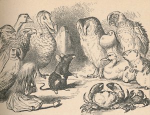Illustration für das Kapitel ein Caucus-Rennen und ein langer Schwanz. Alice und verschiedene Kreaturen von John Tenniel