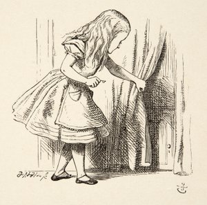 Hinter den Vorhang schauen, aus Alice im Wunderland von Lewis Carroll (1832 - 98), veröffentlicht 1891 von John Tenniel