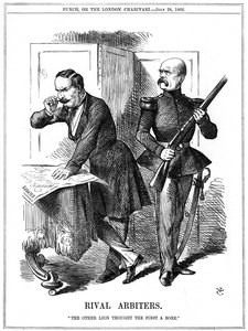Napoleon III. (1808-1873), Kaiser von Frankreich 1852-1870, und Otto von Bismarck (1808-1783), Kanzler von Preußen, teilen Europa auf. Ihre widersprüchlichen Ambitionen führten zum Deutsch-Französischen Krieg von 1870-1871. John Tenniel Karikatur aus Punch