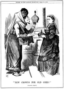 Neue Kronen für alte!, Benjamin Disraeli bietet Königin Victoria die Krone von Indien an, 1876 von John Tenniel
