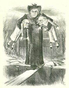 Set Down Two, and Carry One?: Gladstone, der britische Premierminister, in einer Zwickmühle, welchen der umstrittenen irischen Gesetzentwürfe er fallen lassen soll. John Tenniel Karikatur aus Punch, London, 3. April 1886.