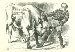 Den (irischen) Stier bei den Hörnern packen: Gesetz, das am 15. Februar 1870 vom Parlament verabschiedet und am 8. Juli die königliche Zustimmung erhielt. Premierminister William Gladstone befasst sich mit dem Thema. John Tenniel Karikatur aus Punch, Londo