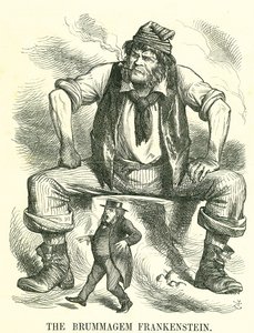 Der Brummagem Frankenstein: Reform des Parlaments - Erweiterung des Wahlrechts. John Bright sagte auf einem Reformtreffen in Birmingham, er habe keine Angst vor allgemeinem Männerwahlrecht. John Tenniel Karikatur aus 