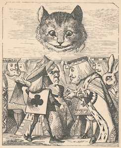 Die Grinsekatze schaut auf den Roten König und die Rote Königin, die sich streiten von John Tenniel
