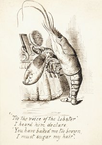 Der Hummer, mit einer Haarbürste in der Klaue vor einem Frisiertisch stehend, mit 4 Verszeilen, ca. 1865 von John Tenniel