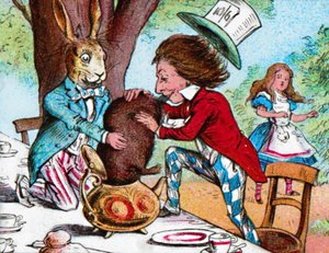 Der verrückte Hutmacher und der März-Hase versuchen, das Murmeltier in eine Teekanne zu stecken von John Tenniel