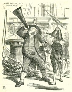 Der aufdringliche Passagier: Reform des Parlaments - Erweiterung des Wahlrechts. Der Premierminister, Lord John Russell, bittet John Bright, das Reformgesetz nicht weiter zu propagieren. Russell wurde im Mai 1866 vom Parlament über das Reformgesetz besiegt von John Tenniel