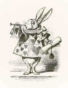 Das weiße Kaninchen mit Trompete und Schriftrolle, das die Anklage verkündet, aus 