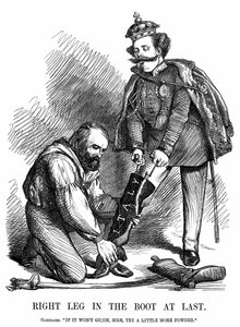 Vereinigung Italiens: Giuseppe Garibaldi (1807-1882) hilft Viktor Emanuel II. (1820-78) den Stiefel Italiens anzuziehen. John Tenniel Karikatur aus Punch, London von John Tenniel