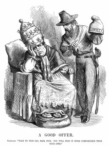 Vereinigung Italiens: Giuseppe Garibaldi (1807-1882) versucht, Papst Pius IX. zu überzeugen, dass die Freiheitsmütze viel bequemer wäre als die päpstliche Krone. John Tenniel Karikatur aus Punch, London, 29. September 1860. Holzstich.