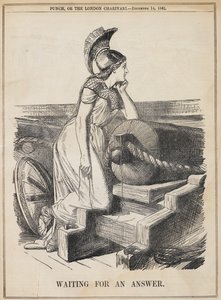 Warten auf eine Antwort. Nach einem Ultimatum an die USA vergingen mehrere Wochen, während die Briten auf eine amerikanische Antwort warteten. Großbritannien dargestellt als Britannia, bereit für militärische Aktionen gegen die Vereinigten Staaten wegen de