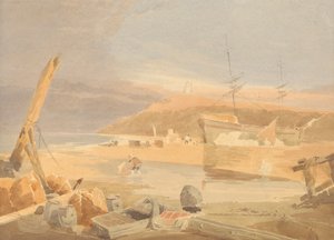Küstenszene mit Segelschiff am Kai von John Thirtle