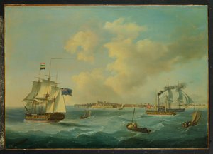 Eine 44-Kanonen-Fregatte, ein Passagierdampfer und andere Schiffe vor St. Peter Port, Guernsey, 1825 von John Thomas Serres