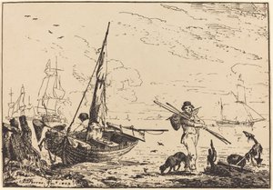 Marine: Fischerboote am Ufer, Mann mit Rudern, Schiff in der Ferne von John Thomas Serres