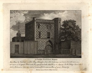 Ein kurioses Tor in buntem Ziegelwerk namens St. John Gate, das älteste Haus in Stepney von John Thomas Smith