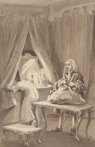 Hogarth, nachdem seine Frau ein neues Nachthemd angezogen hatte, packt ihre Sachen, um sie an Sir James Thornhill zu senden, mit einem Brief, in dem er ihm sagte, 