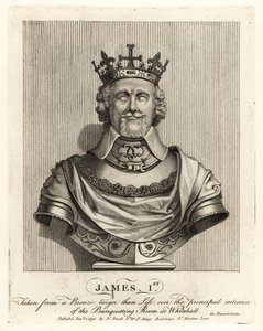 König James I. von England, entnommen von einer Bronzebüste über dem Eingang des Bankettsaals in Whitehall von John Thomas Smith