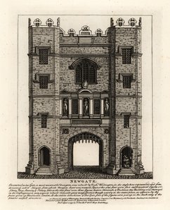 Newgate, wieder aufgebaut 1672 nach dem Großen Brand von London, mit drei Figuren: Gerechtigkeit, Tapferkeit und Klugheit vom ehemaligen Tor, das vom Bürgermeister von London Richard Whittington erbaut wurde von John Thomas Smith