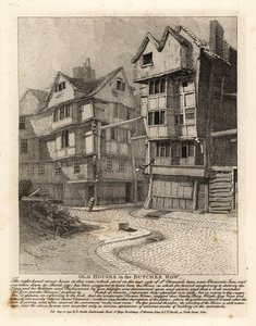 Alte Häuser in der Butcher Row, London. Das Eckhaus auf der rechten Seite in der St. Clement’s Lane wurde angeblich von den Anführern des Schießpulverkomplotts genutzt von John Thomas Smith