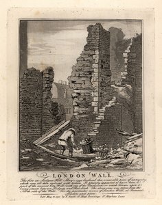 Ruinen der römischen Londoner Mauer, freigelegt durch das Feuer im Mai 1792 auf dem Ludgate Hill von John Thomas Smith