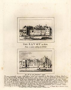 Das Savoy Hospital im Jahr 1650 nach einem Druck von Wenceslaus Hollar und in Ruinen im Jahr 1792