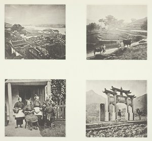 Teil der Foochow-Ausländersiedlung, Terrassierung der Hügel, Foochow-Feldfrauen, ein Gedenkbogen, um 1868 von John Thomson