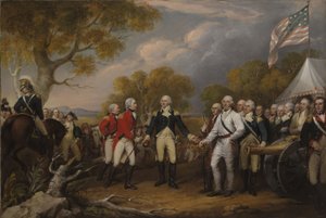 Schlacht von Saratoga, der britische General John Burgoyne kapituliert vor dem amerikanischen General Horatio Gates, 17. Oktober 1777, um 1822-32