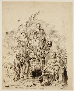 Kinder spielen in der Nähe einer Statue im Garten von John Vanderbank
