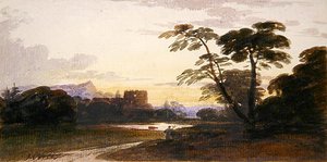 Eine Figur in einer bewaldeten Landschaft von John Varley