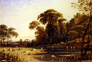 Landschaft mit einem Turm auf einem Hügel von John Varley