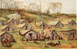 Das Hüttencamp auf der Dyckman-Farm, Illustration aus Relics of the revolution; die Geschichte der Entdeckung der vergrabenen Überreste des militärischen Lebens in Festungen und Lagern auf der Insel Manhattan von Reginald Pelham