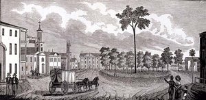Zentraler Teil von Pittsfield, Massachusetts, aus Historische Sammlungen von Massachusetts, von John Warner Barber, graviert von S. E. Brown, 1839