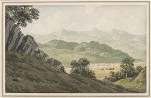 Llanelltyd-Brücke über den Maw, auf der Straße zwischen Barmouth und Dolgellau, Blick auf Hengwrt und weiter auf Cader Idris, Merionethshire, 16. Juli 1790 von John Warwick Smith