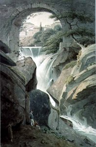 Die Wasserfälle von Tivoli mit drei Figuren im Vordergrund