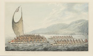 Tereoboo, König von Owyhee, bringt Geschenke zu Kapitän Cook, aus einer Serie von Aquarellen, die Kapitän Cooks letzte Reise illustrieren, ca. 1773-84 (Aquarell auf Papier) von John Webber