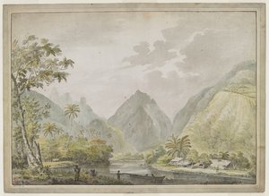 Blick auf den Vaitepiha-Fluss mit zwei Tahitianern in einem Kanu im Vordergrund und zwei weiteren am Ufer. Tahitianische Häuser rechts. August 1777