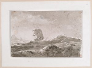 Zeichnung eines europäischen Schiffes unter Segeln in schwerer See; wahrscheinlich nicht eines von Cooks Schiffen. Gefertigt während Captain Cooks dritter Reise.