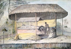 Beerdigung mit Verstorbenem unter einem Baldachin, Tahiti, Gesellschaftsinseln, Aquarell von John Webber aus der Beschreibung von Captain James Cooks letzter Reise, Polynesien