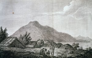 Im Hippah auf der Insel Motuara, basierend auf einer Zeichnung von John Webber (1750-1793), aus dem Bericht über die letzte Reise von James Cook (1776-1779), Gravur von John Webber