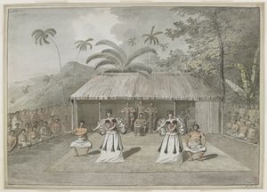 [Gesamte Zeichnung] Ein Tanz oder Heiva auf Otaheite [Tahiti]. Zwei Männer und zwei Frauen tanzen, mit Trommlern dahinter und Zuschauern auf beiden Seiten. September 1777