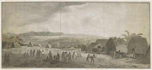 [Gesamte Zeichnung] Zeichnung von Captain Cooks Besuch im Dorf Waimea, Atooi [Kauai], Januar 1778. Einige Männer rollen Fässer, andere handeln mit Hawaiianern. Rechts tragen zwei Eingeborene ein an einen Pfahl gebundenes Schwein. Hinter ihnen, Eingeborenen von John Webber