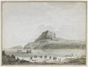 [Gesamte Zeichnung] Ansicht des Weihnachts-Hafens, Kerguelen-Insel, mit der Discovery und der Resolution vor Anker. Zwei Schiffsboote sind draußen, eines landet Seeleute am Ufer. Im Vordergrund zwanzig Pinguine in Gruppen und ein Seelöwe. 25.-30. Dezember 
