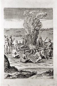 Indianer beten um ein Feuer, Gravur aus Hariots 