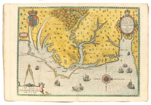 Karte von Virginia, die die Ankunft der Expedition von Sir Walter Raleigh im Jahr 1585 zeigt