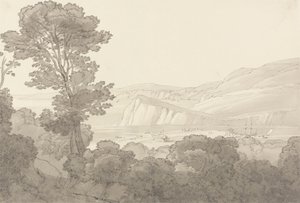 Blick aus einem Wald, mit Blick auf den Fluss und die Hügel bei Teignmouth, Devon