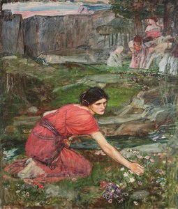 Eine Studie: Mädchen pflücken Blumen an einem Bach, ca. 1909-1914 von John William Waterhouse
