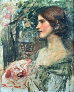 Porträt einer Dame in einem grünen Kleid, oder Der Blumenstrauß, ca. 1908 von John William Waterhouse