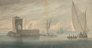 Italienische Küstenszene mit Insel und Schiffen
