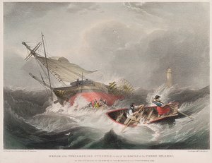 Das Sinken des Dampfschiffs Forfarshire auf den Felsen der Farne-Inseln (England), wie es bei Sonnenaufgang am 7. September erschien von John Wilson Carmichael